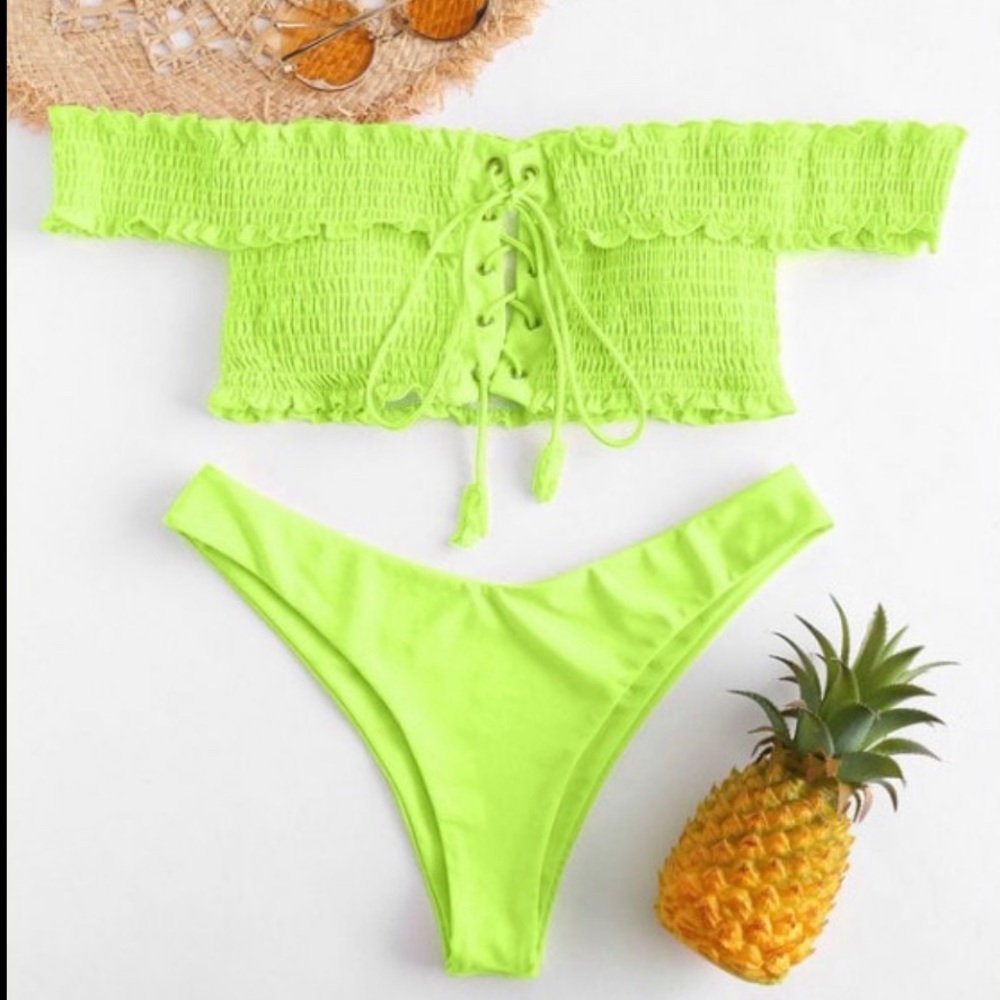 NWT Off Shoulder Lace Up Bikini Set Neon Green